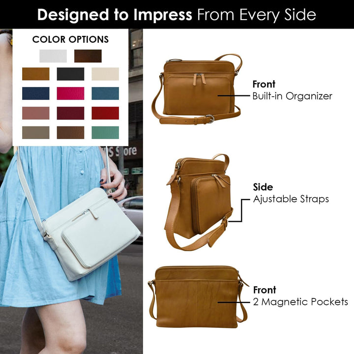 ili New York - Leder-Schultertasche mit seitlichem Organizer – weiche, glatte Leder-Handtasche mit R