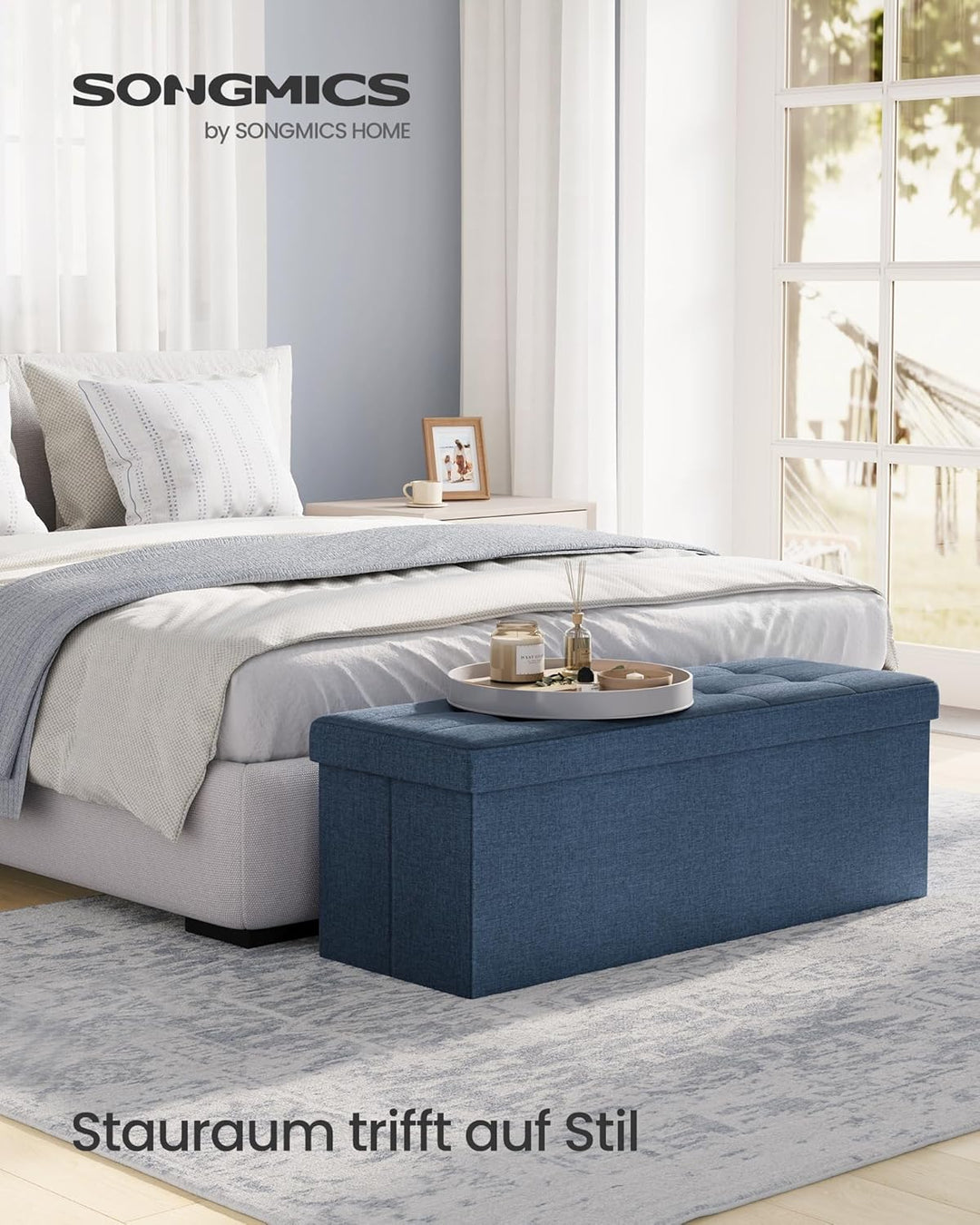 SONGMICS Sitzhocker mit Stauraum, klappbare Sitzbank, 38 x 110 x 38 cm Fussbank, Aufbewahrungsbox, b