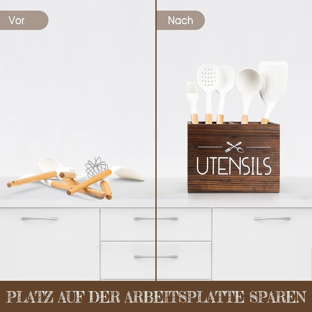 PUERSI Holz küchenutensilienhalter, Utensilien-Organizer für Arbeitsplatte, rustikales Holz für Baue