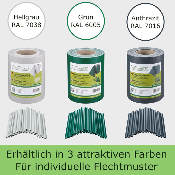 Workinghouse PVC Sichtschutzstreifen für Doppelstabmattenzaun - 450g/m² 50 m x 19 cm - Zaunsichtschu