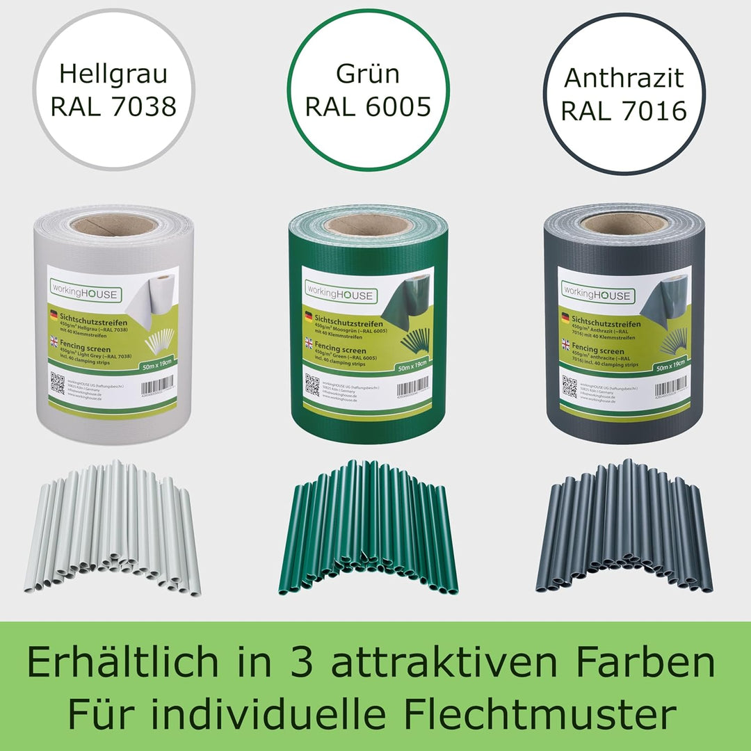 workingHOUSE PVC Sichtschutzstreifen für Doppelstabmattenzaun - 450g/m² 50 m x 19 cm - Zaunsichtschu