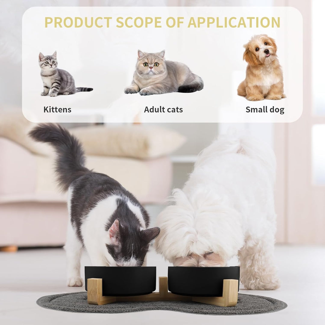 Katzennapf, 2 Stück Keramik Futternapf Katze Set, 3-in-1 rutschfeste Katzennäpfe mit Holzstände und