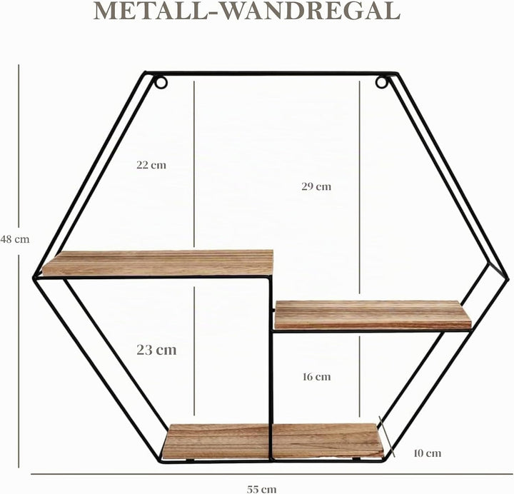 Vivol Metall Wandregal Schwarz mit 3 Holzböden - Sechseck - 48x55x10 cm - Hängend Metallregal - Wand