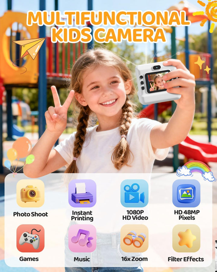 Kinderkamera Sofortbildkamera, 1080P HD Sofortbildkamera Kinder mit 32 GB Karte und 3 Papierrollen,