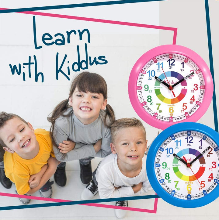 Kiddus Wanduhr für Kinder. Analoger Zeitlehrer mit Zeitlernübungen. Stilles Uhr. Viele Sprachen. Eng