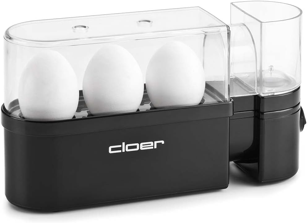 Cloer 6020 Eierkocher, bis zu 3 Eier, herausnehmbarer Eierträger, Servierfunktion, 300 Watt, Kunstst
