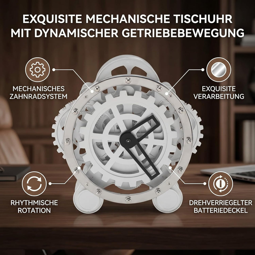 Ejoyous Schreibtischuhr mit Echten Beweglichen Zahnrädern, PVC-Edelstahl-Tischuhr für Wohnzimmerdeko