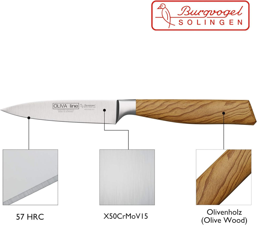 Burgvogel Solingen Spickmesser 10 cm geschmiedet Olivenholz, Oliva Line, rostfrei, deutsches Officem