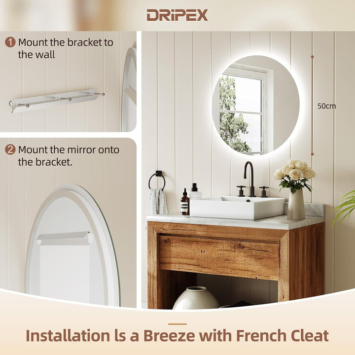 Dripex Badezimmerspiegel Led Badspiegel Rund, Touch-Schalter, Dimmbar, 3 Lichtfarbe Einstellbare Spi