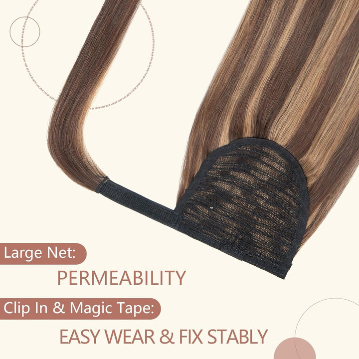 Elailite Ponytail Extension Echthaar #4P27 Mittelbraun/Honigblond, Haarverlängerung Zopf Haarzopf Pf