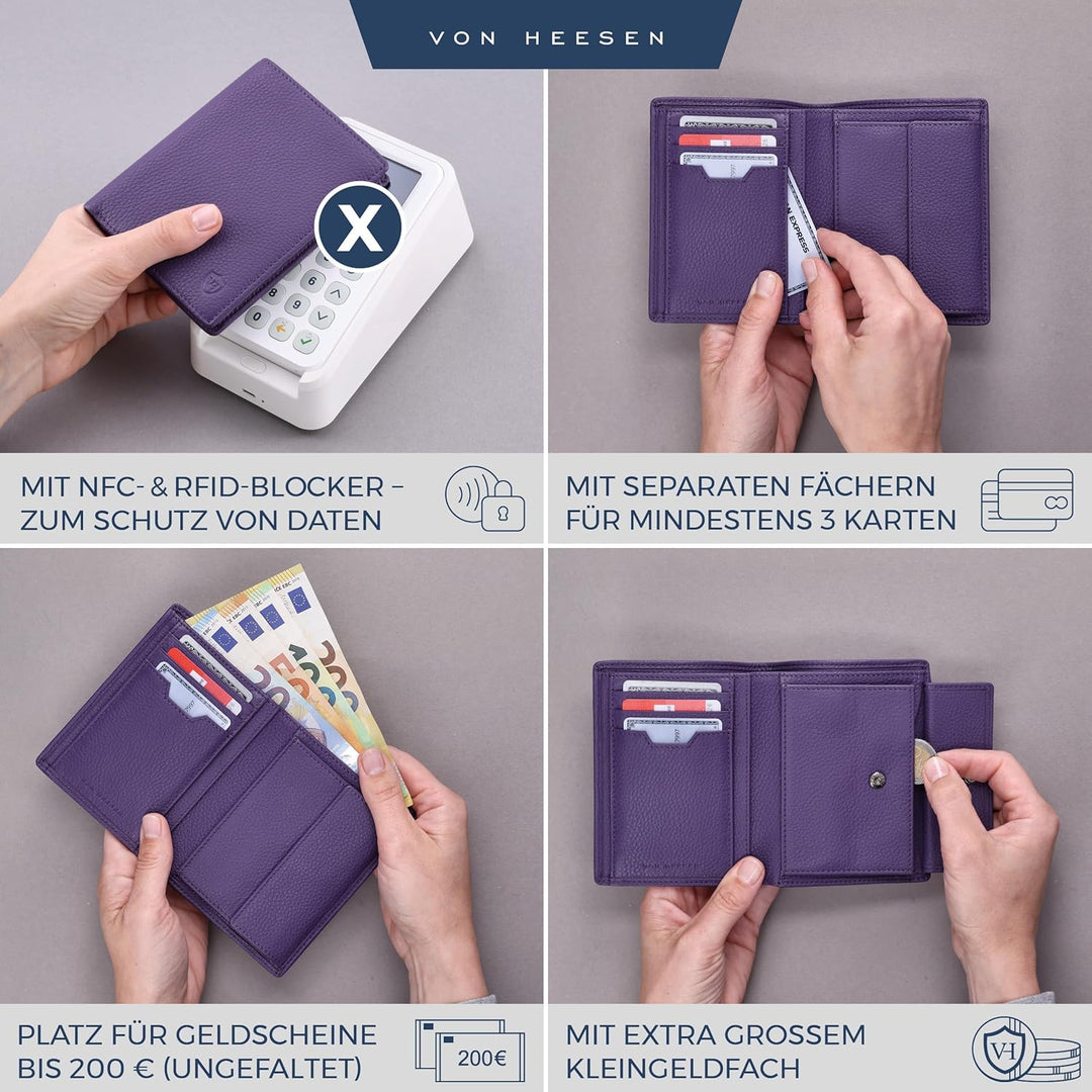 VON HEESEN Leder Geldbörse RFID Schutz I Echtleder Geldbeutel für Damen & Herren I Portemonnaie Brie