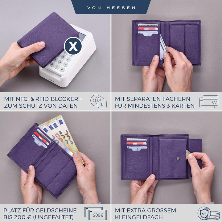 VON HEESEN Leder Geldbörse RFID Schutz I Echtleder Geldbeutel für Damen & Herren I Portemonnaie Brie