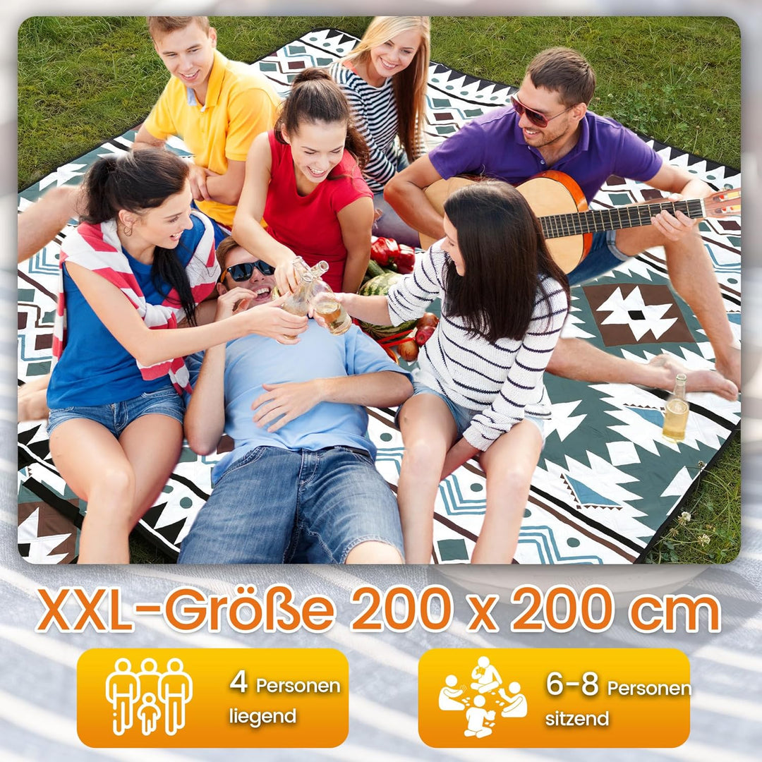 Picknickdecke XXL 200x200 cm – extra gross, wasserdicht & waschbar, geometrisches Design in Beige, G