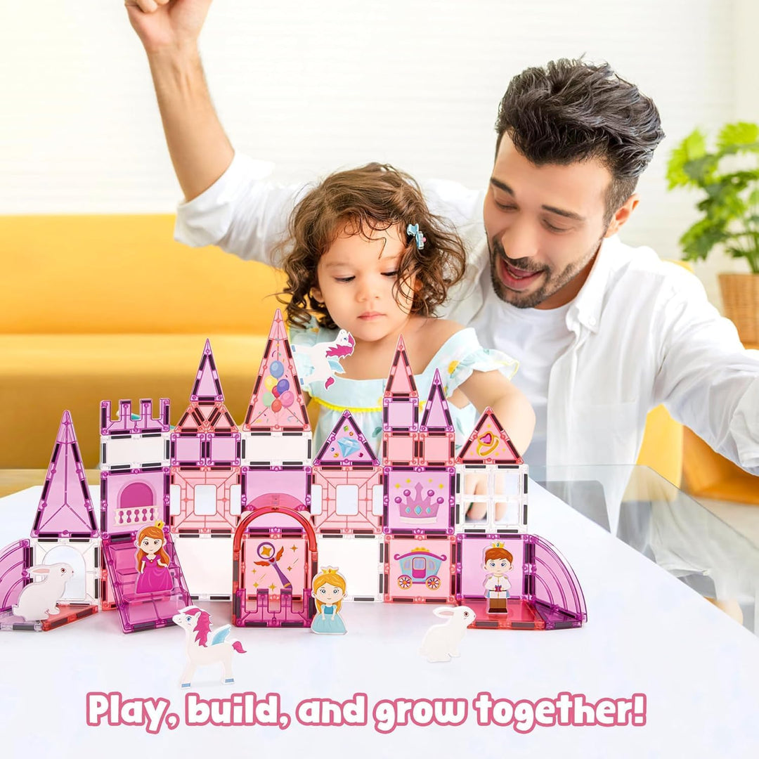 Magnetische Fliesen Set, 3D Märchen-Schloss in Pink, Magnetkacheln für Kinder ab 3 Jahren, STEM Baus
