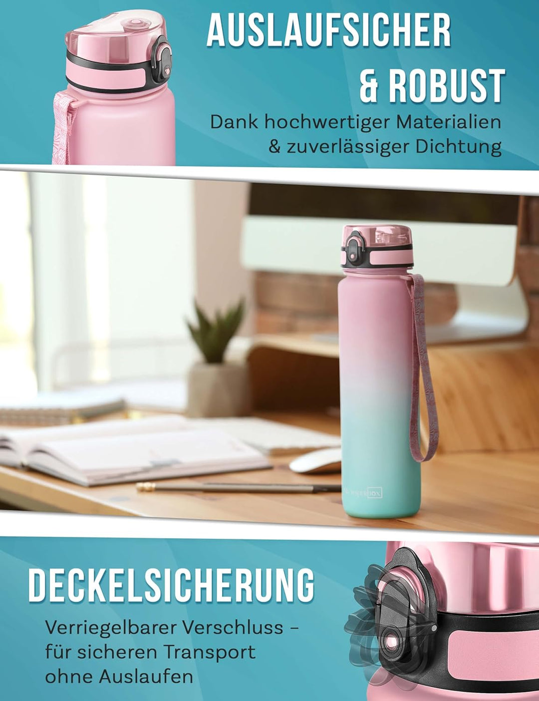 My Vesperbox – Minny - Kinder Trinkflasche auslaufsicher – 500ml – mit Strohhalm oder Sieb - leichte