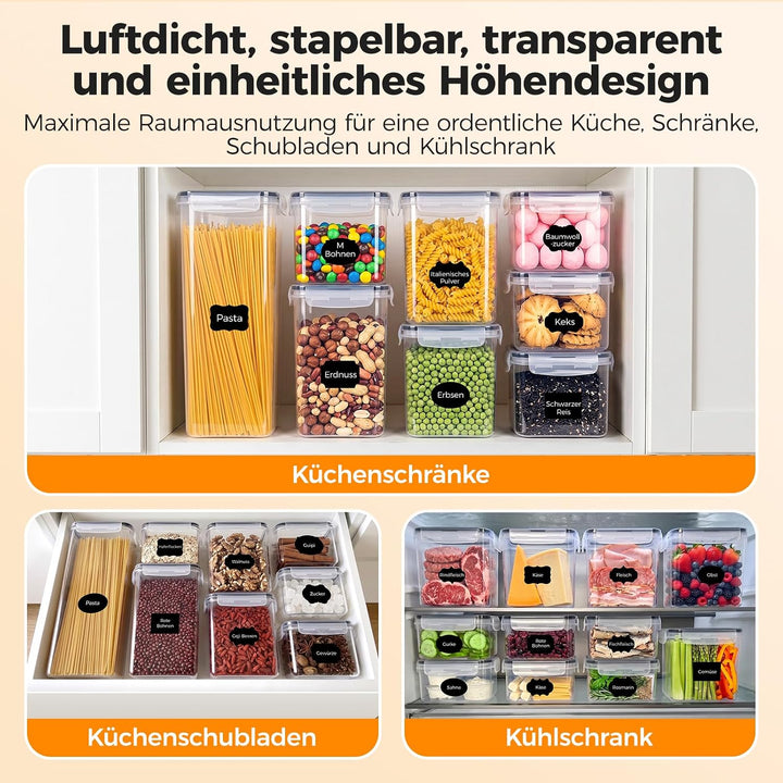 2.8L/30CM Küchen Vorratsdosen mit Deckel Luftdicht Gross 16er Set BPA Frei, aufbewahrungsbox mit dec