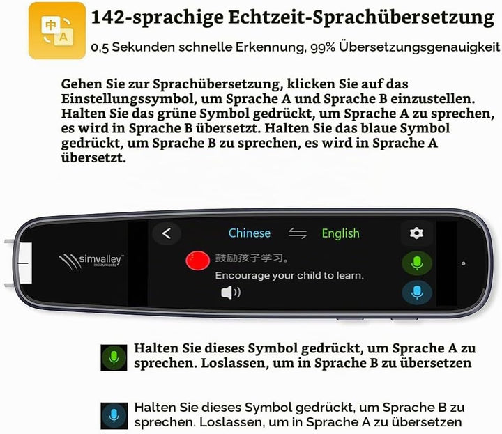 simvalley MOBILE Übersetzerstift: Übersetzer-Stift, 142 Online-Sprachen, Scan-Funktion, Touch-Displa