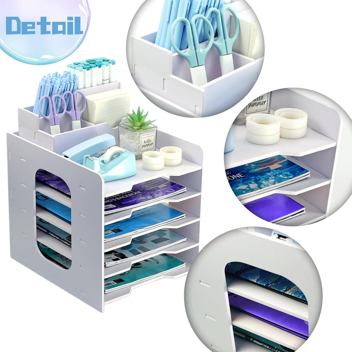 TSDRBWO Holz Briefablage für Büro, Dokumentenablage mit Stifthalter, 5-Tier Schreibtisch Organizer H