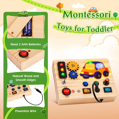 Auney Montessori Busy Board Activity Board ab 1 Jahr Auto-Lichtschalter Spielzeug, LED Holzspielzeug