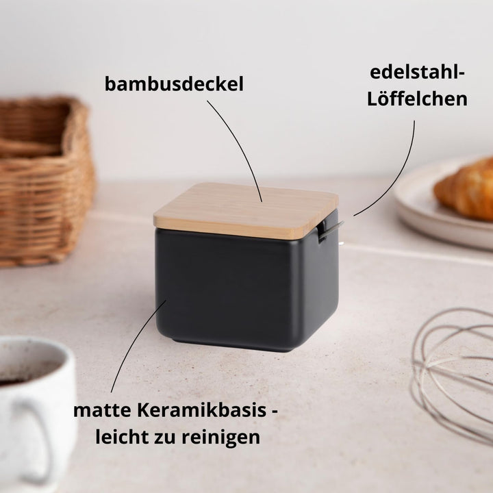 Keramik Zuckerdose mit Löffel und Deckel aus Bambus -Zuckerlöffel für Haus und Küche, moderne Kugelf