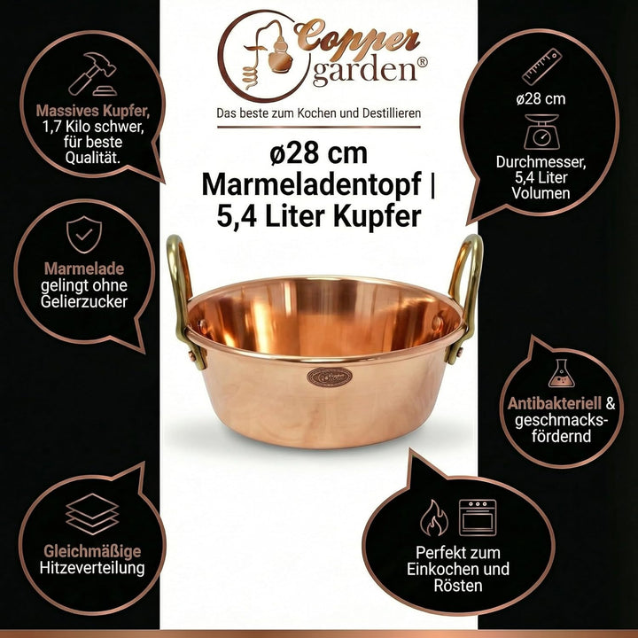 CopperGarden Sossen- & Marmeladentopf 5,4 Liter I Kochtopf aus Kupfer mit 28 cm Durchmesser I grosse