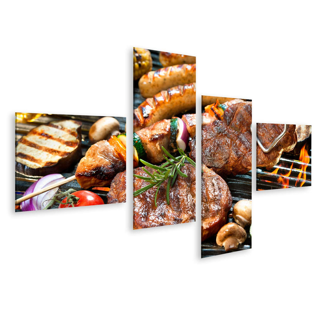 islandburner Bild auf Leinwand Grill Fleisch Wurst Gemüse Grillzange Bilder Wandbilder Poster Leinwa