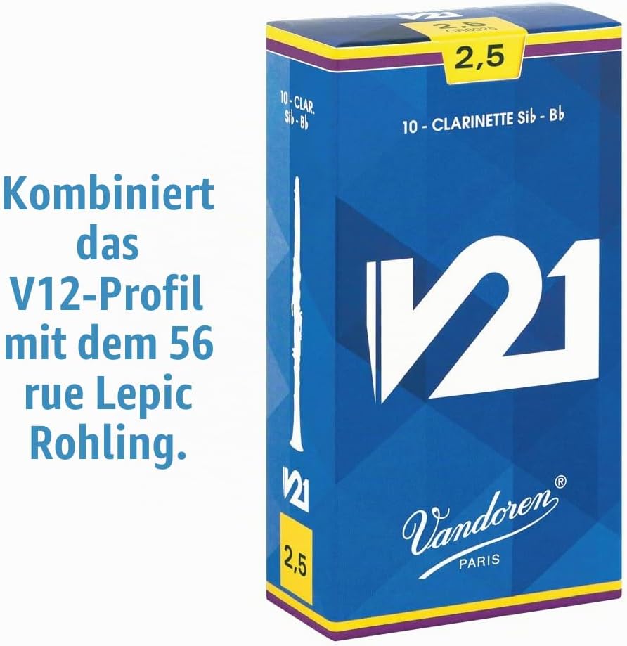 Vandoren CR8025 Blätter für B-Klarinette, Serie V21, Stärke 2,5, 10 Stück, Blau Strength 2.5, Streng