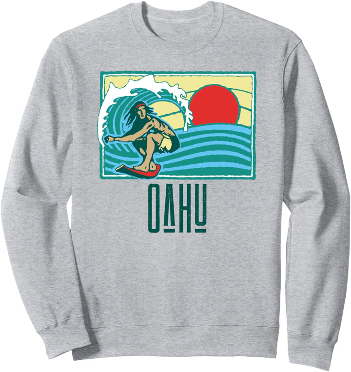 Oahu Hawaii Vintage Surfer & Wave Retro Graphic Sweatshirt