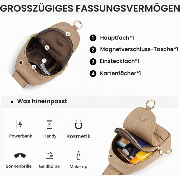 Kattee Damen Brust-Umhängetasche Echtes Leder Sling-Rucksack Kleine Umhängetasche mit RFID-Blockieru