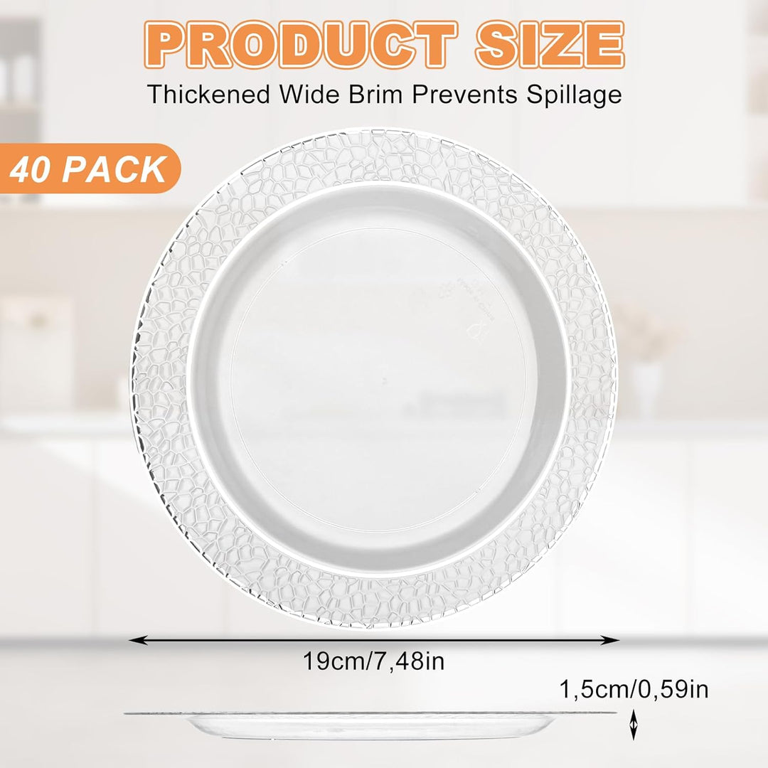 AKOLAFE 40 Weisse Plastikteller mit Silbernem Rand, 19cm Mehrweg Kunststoffteller Stabiles Plastik T