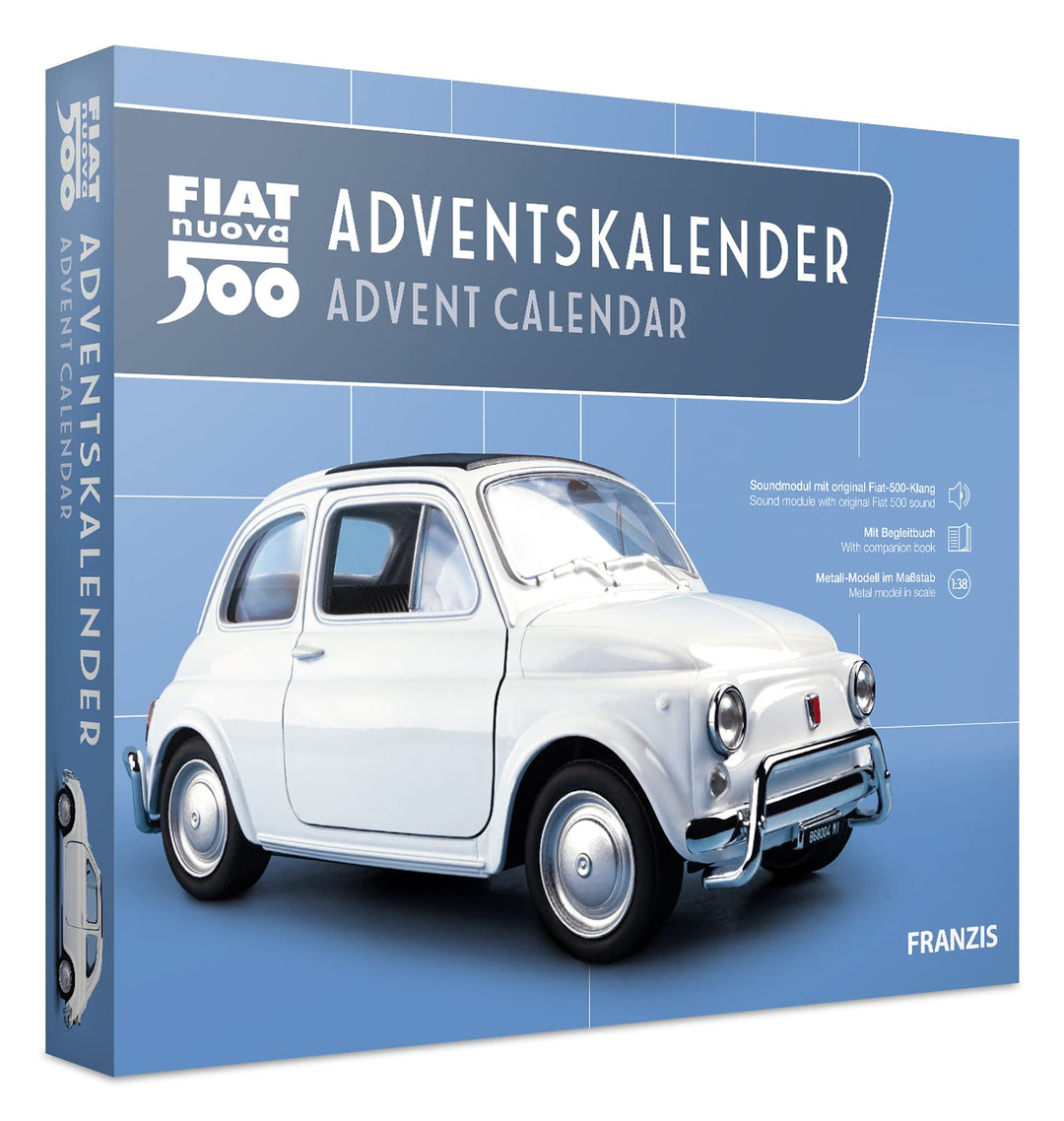 FRANZIS 67168 - Fiat 500 Adventskalender, Metall Modellbausatz im Massstab 1:38, inkl. Soundmodul un