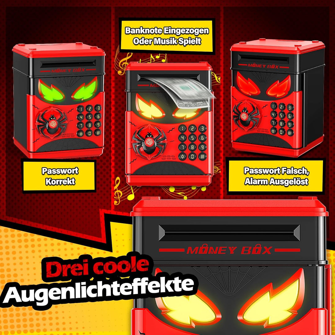 Spardose Kinder Tresor,Tresor Kinder mit 3D Spinnen Design und interaktivem Fingerabdrucksensor,Elek
