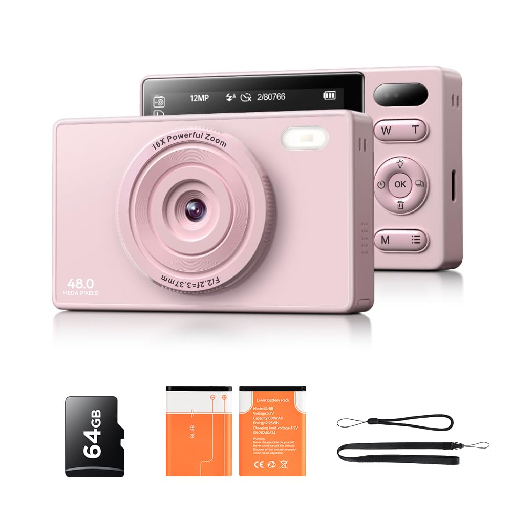 64GB Digitalkamera Kinder Fotokamera: 48MP Anti-Shake Kinderkamera Foto Vlogging Fotoapparat 16X Dig