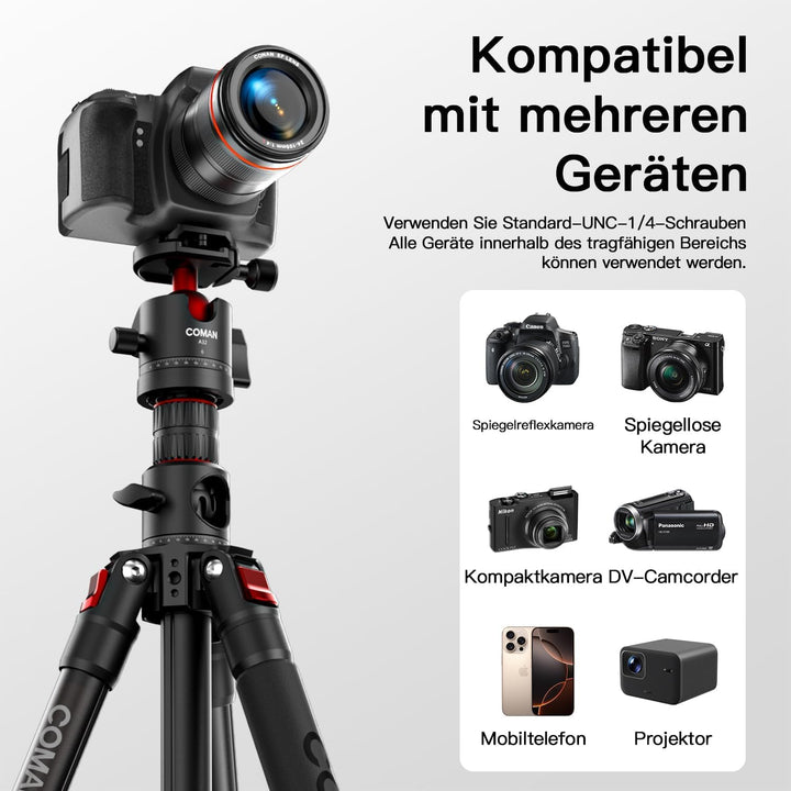 COMAN 181cm Horizontale Kamera Stativ Verfügt über eine Mittelsäule, Einen 360°-Kugelkopf, Eine Arca