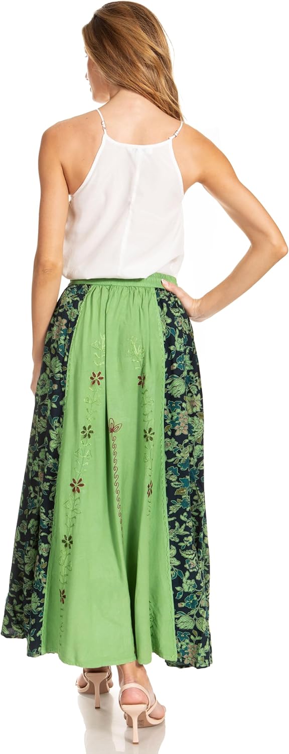 Sakkas Maran Frauen Boho Stickerei Rock mit elastischer Taille und Taschen Einheitsgrösse Salbeigrün
