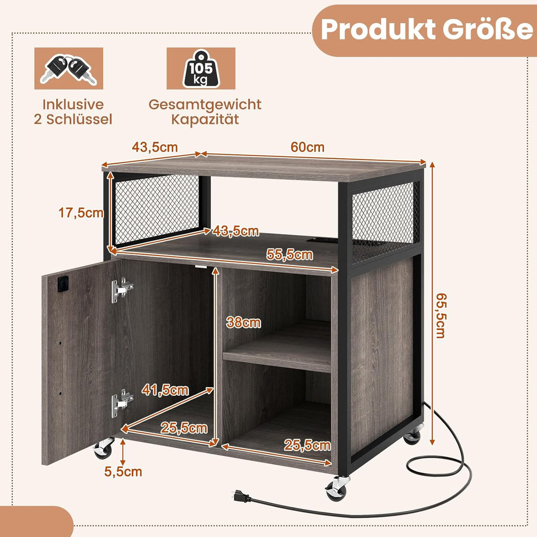 GOPLUS Rollcontainer, mobiler Aktenschrank mit Ladestation & Schloss, Bürocontainer mit verstellbare