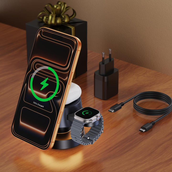 iVANKY 4-in-1-Wireless-Ladegerät für iPhone 17 Ladestation mit Nachtlicht, 15W 3-in-1-Reiseständer f