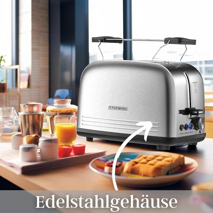 Edelstahl Toaster mit Brötchenaufsatz | Toaster 2 Scheiben | Doppelschlitz Toaster | 7 Stufen | 4 Fu