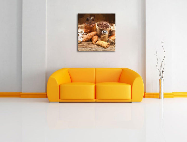 Pixxprint Aromatischer Kaffee mit Croissant als Leinwandbild Quadratisch/Grösse: 70x70 / Wandbild/Ku