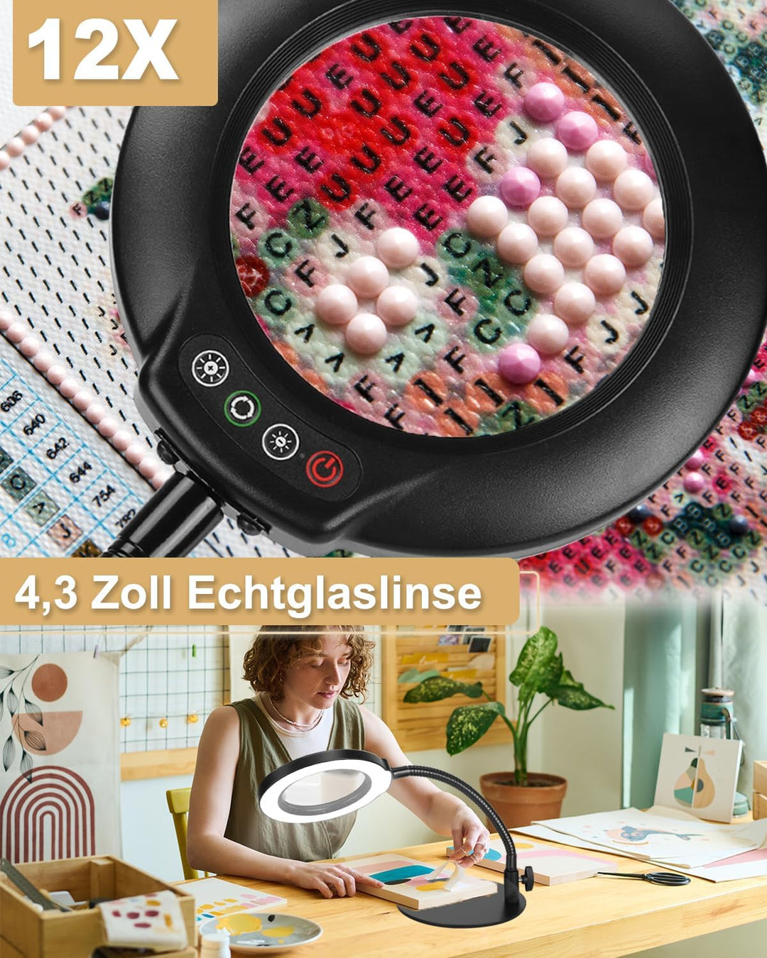 Veemagni 10X Lupe mit Licht und Ständer, 5 Farbmodi stufenlos dimmbare LED beleuchtete Schreibtischl