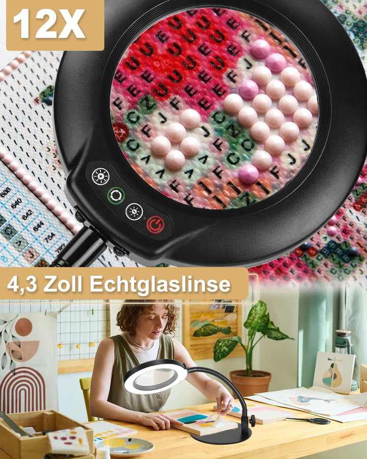 Veemagni 10X Lupe mit Licht und Ständer, 5 Farbmodi stufenlos dimmbare LED beleuchtete Schreibtischl