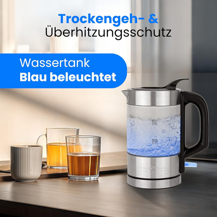 ProfiCook Wasserkocher Edelstahl beleuchtet, 0,5 Liter Mini Wasserkocher mit blauer Beleuchtung, Tee