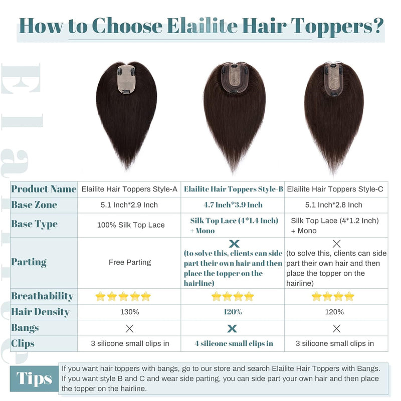 Elailite Haarteil Echthaar Topper Clip in Toupet Frauen Haartopper Extensions Seide Basis Clip in Ex