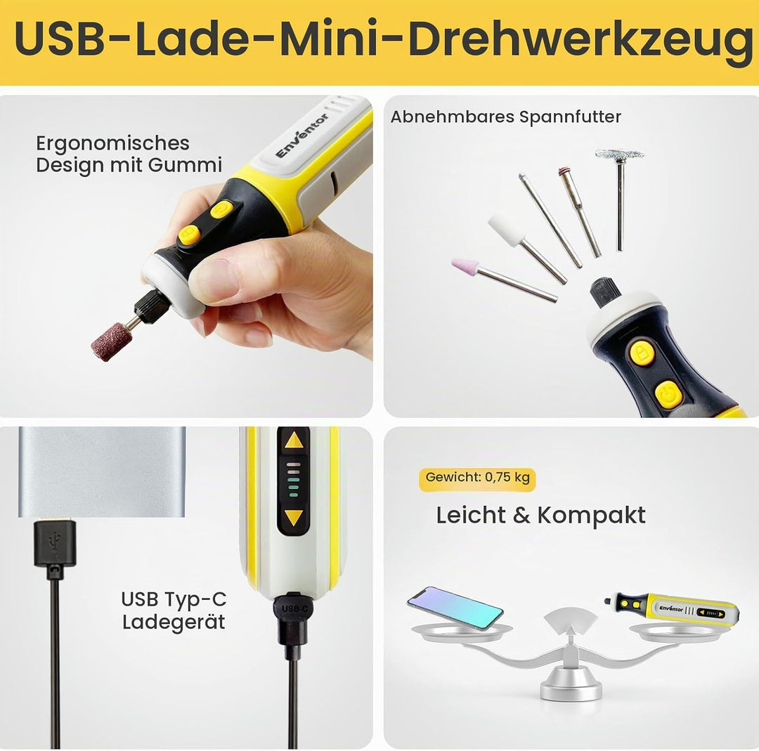 ENVENTOR Mini Multifunktionswerkzeug Akku, 8V Rotationswerkzeug mit 80 Zubehör, 5000-28000RPM, 5 Ein