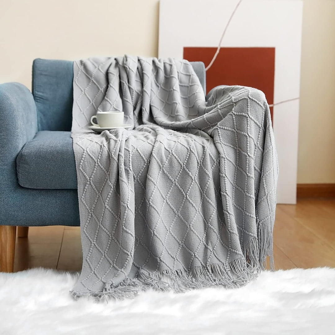 LumiSyne Gestrickte Decke Mit Quaste Einfarbig Geometrische Muster Kuscheldecke Strickdecke Tagesdec