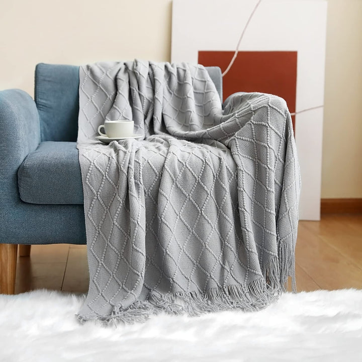 LumiSyne Gestrickte Decke Mit Quaste Einfarbig Geometrische Muster Kuscheldecke Strickdecke Tagesdec