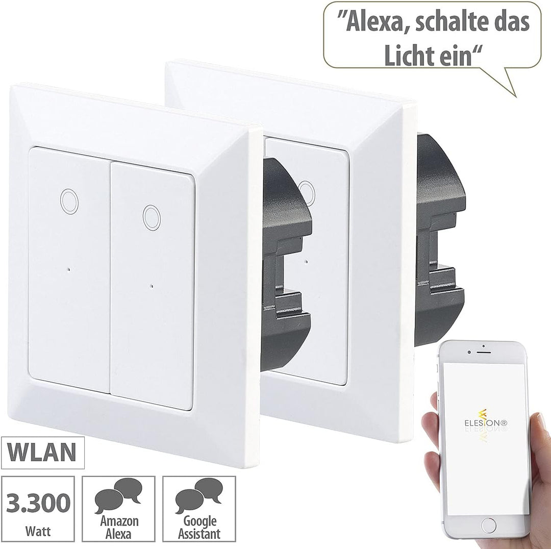 Luminea Home Control WiFi Lichtschalter: 2er-Set Doppel-Lichttaster mit WLAN, App und Sprachsteuerun