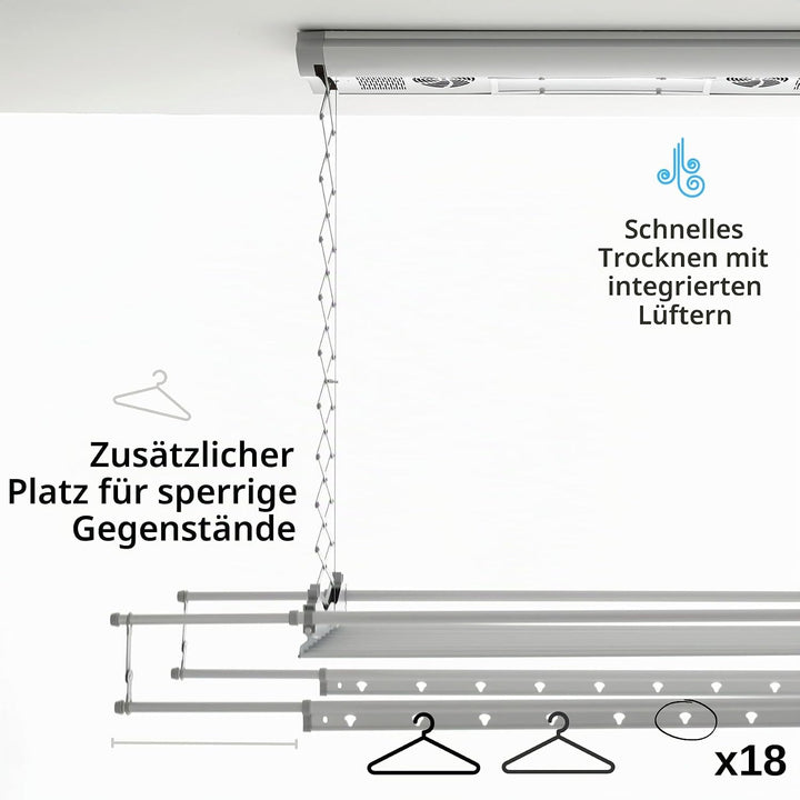 Foxydry Air Kompakter elektrischer Wäscheständer für Wand oder Decke mit Fernbedienung in Aluminium