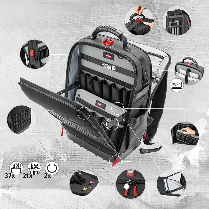 KNIPEX Modular X18 Werkzeugrucksack, leer, 58 Steckmöglichkeiten, 18 l Volumen, mit Laptop-Fach, sta