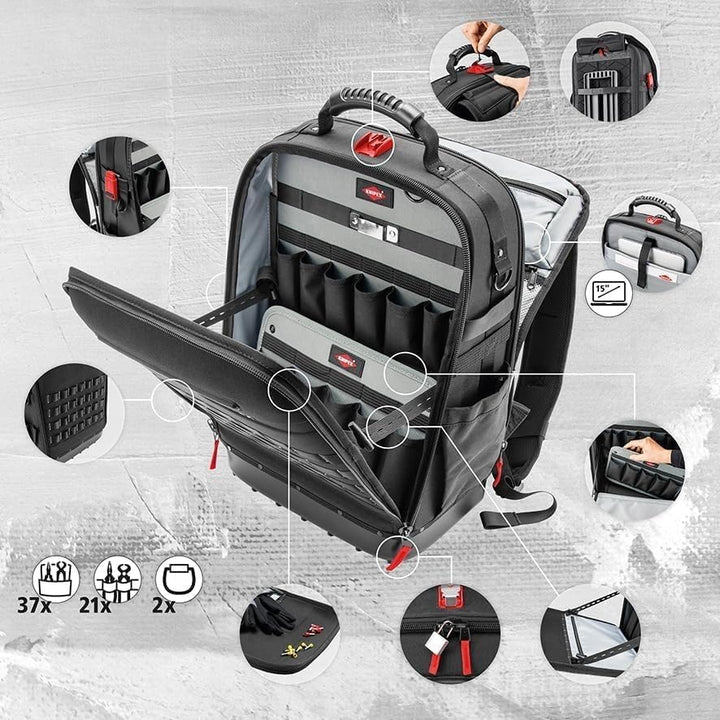 KNIPEX Modular X18 Werkzeugrucksack, leer, 58 Steckmöglichkeiten, 18 l Volumen, mit Laptop-Fach, sta